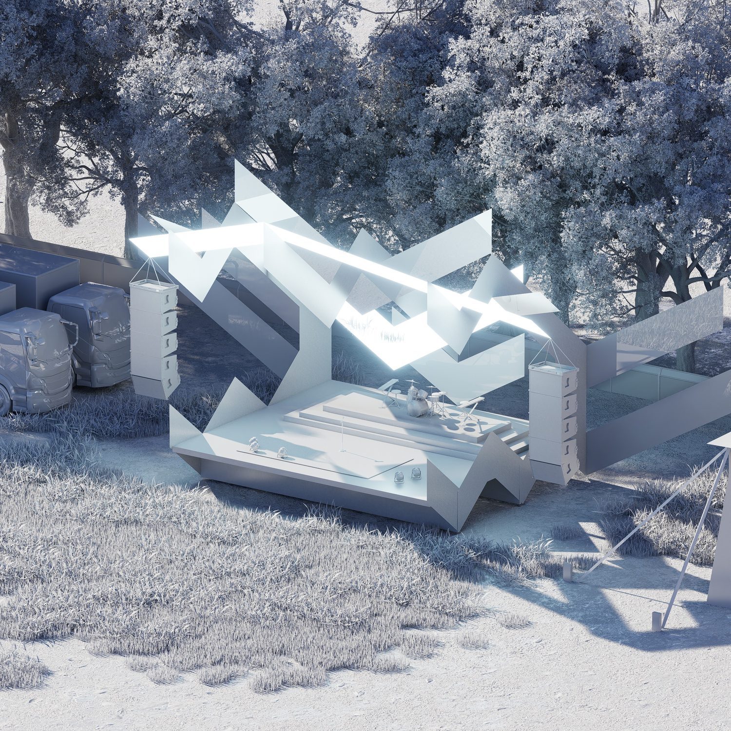 Clay render: roof geometry and line array placement