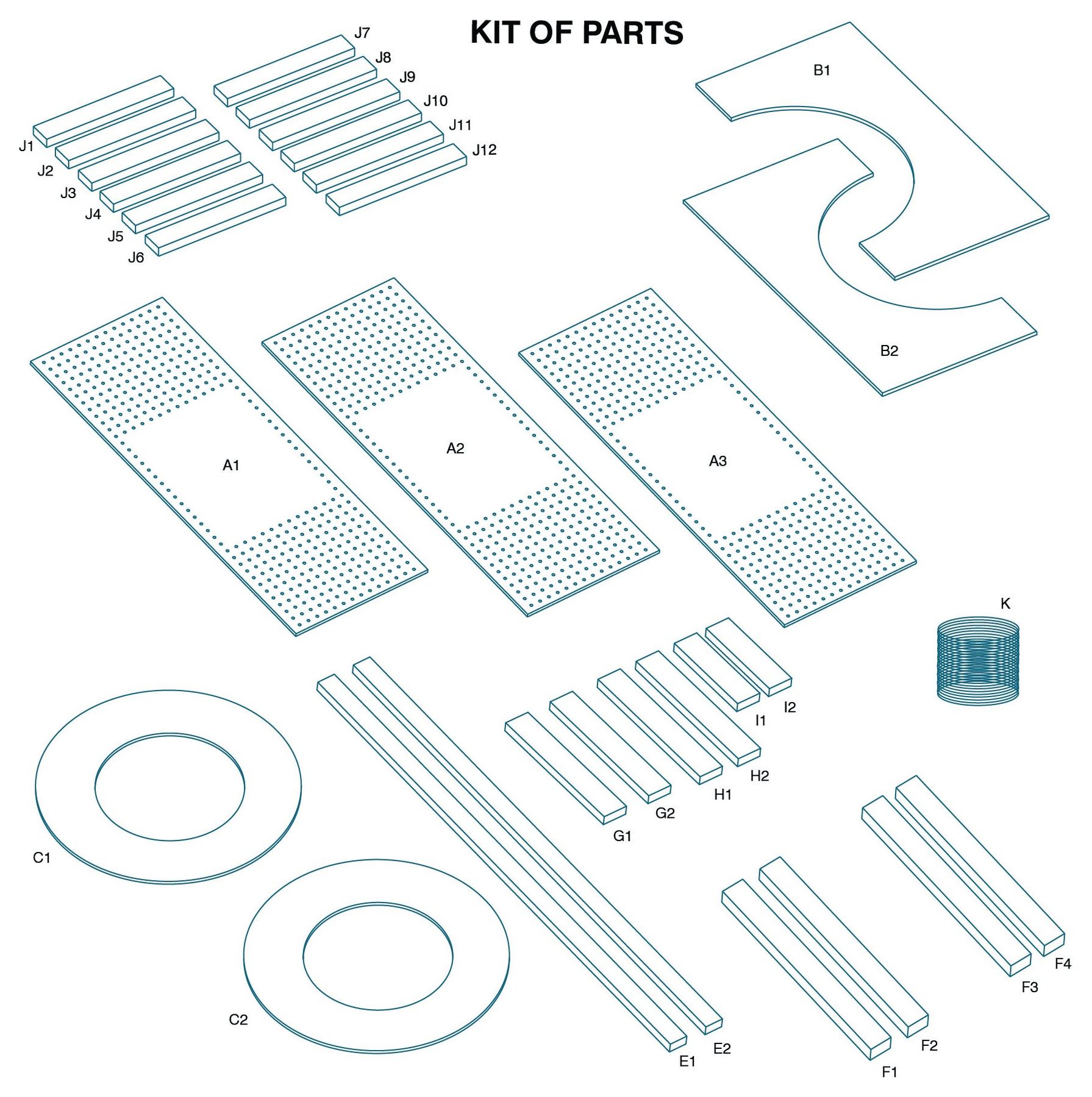 Kit of parts: every component drawn and numbered for flat-pack assembly
