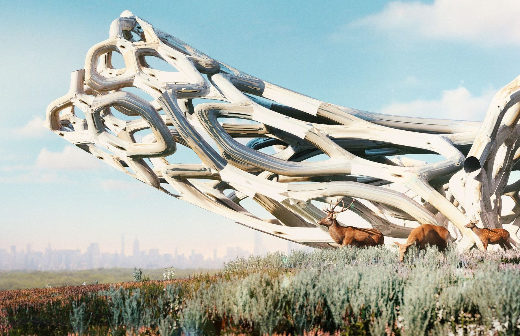 Zephyr Conflux: Approach view: tubular composite aluminum against the Manhattan skyline